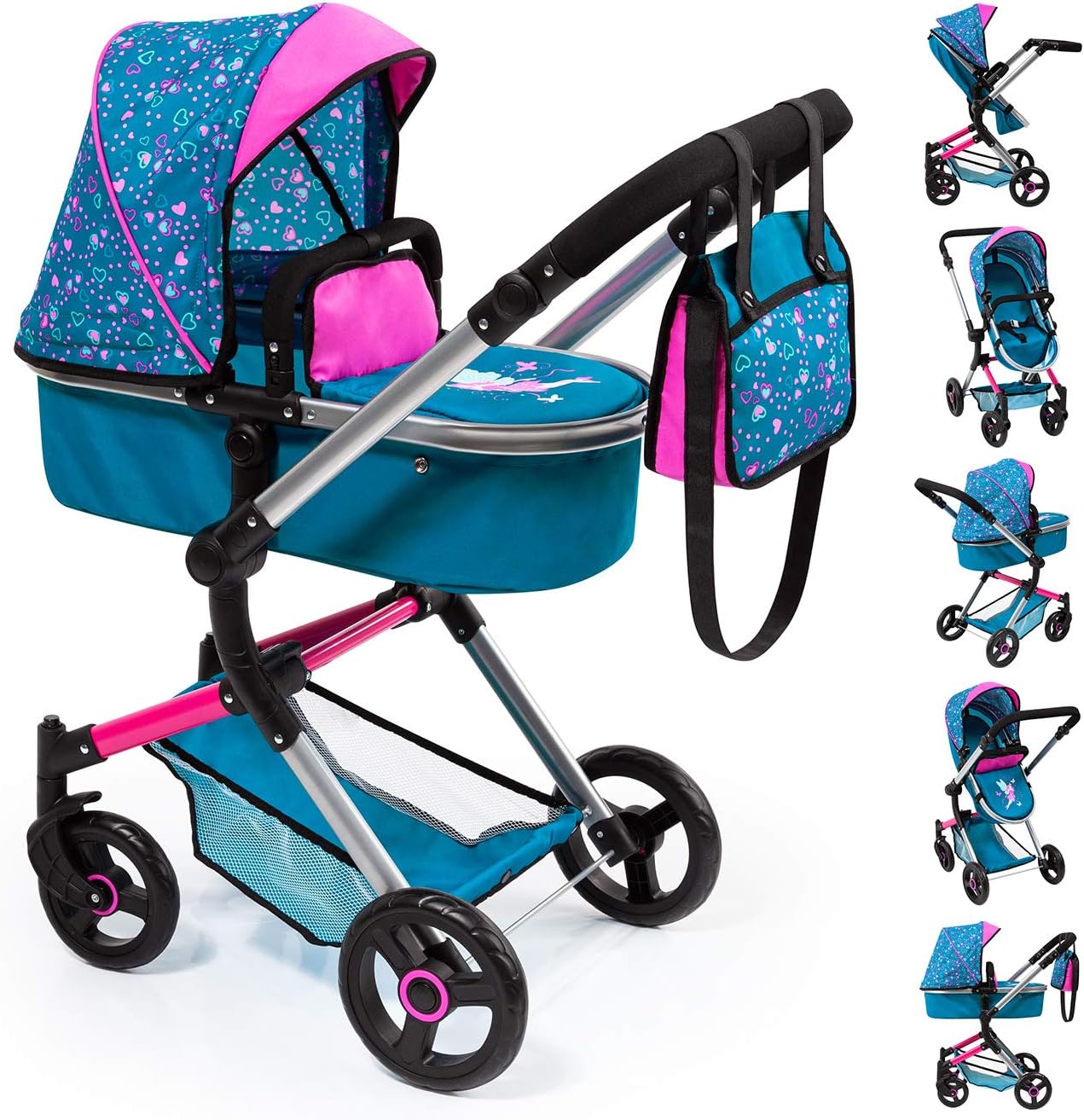 Bayer Design- Cochecito de Muñecas Neo Vario Combolso Cambiador, Convertible, Plegable, Color Azul, Rosa, Hada Comestampado (18409Aa)