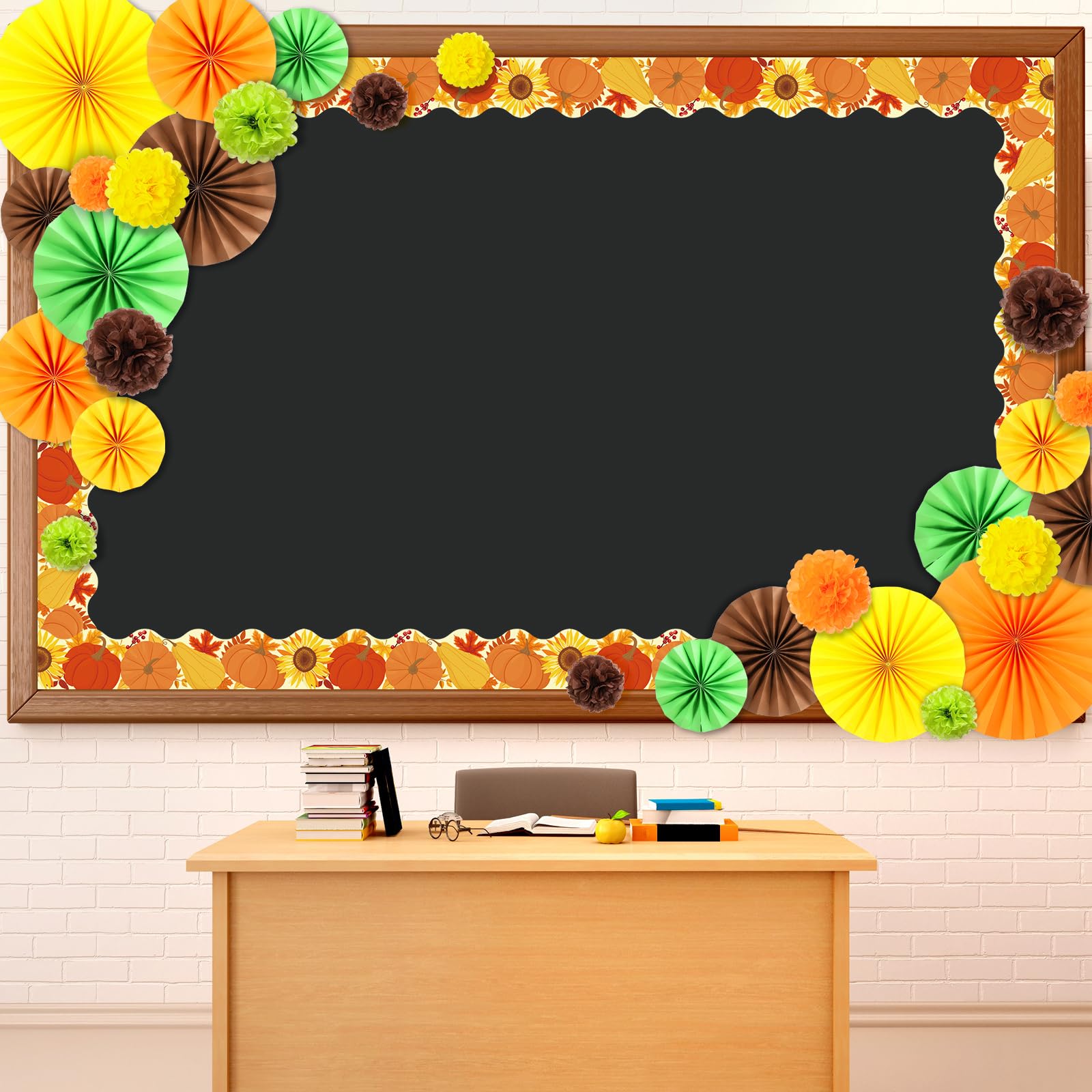 Photo 1 of ***** 2 PIECE*****Supervitae 50 Pcs Fall Thanksgiving Bulletin Board Decorations with 3D Paper Fans Tissue Paper Flowers DIY Classroom Bulletin Board Borders Autumn Pumpkin Cutouts for Thanksgiving Harvest Wall Decor