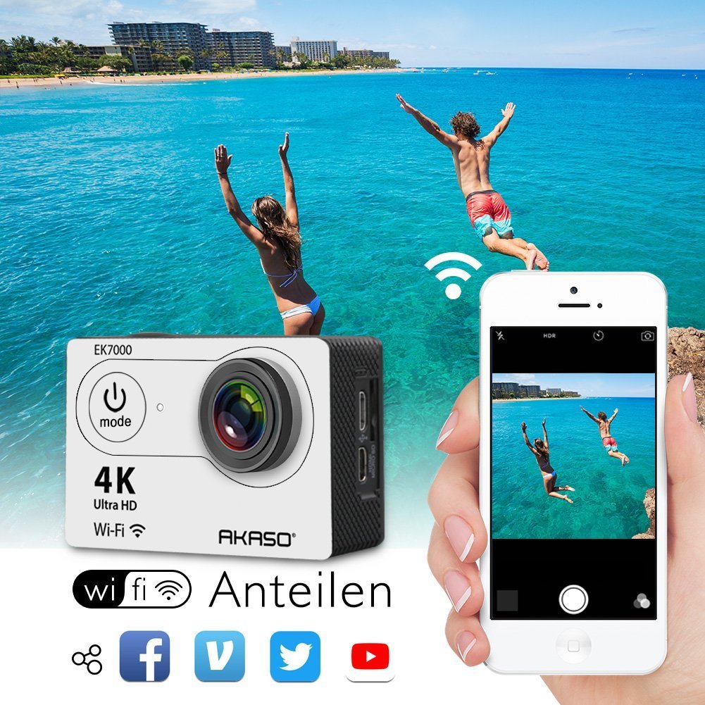 AKASO EK7000 4K Sport Action Camera Ultra HD Camcorder 12MP WiFi Waterproof Camera 170 Degree Wide View Angle 2 Inch LCD Screen W/2 Rechargeable Batteries/19 Accessories Kits- Silver