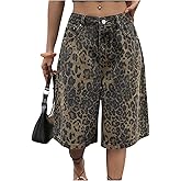 Milumia Women's Leopard Print Wide Leg Denim Shorts Y2k Low Rise Bermuda Jean Short Streetwear