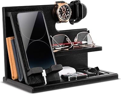 Teslyar Dad Gifts Wood Phone Docking Station Nightstand Organizer Black