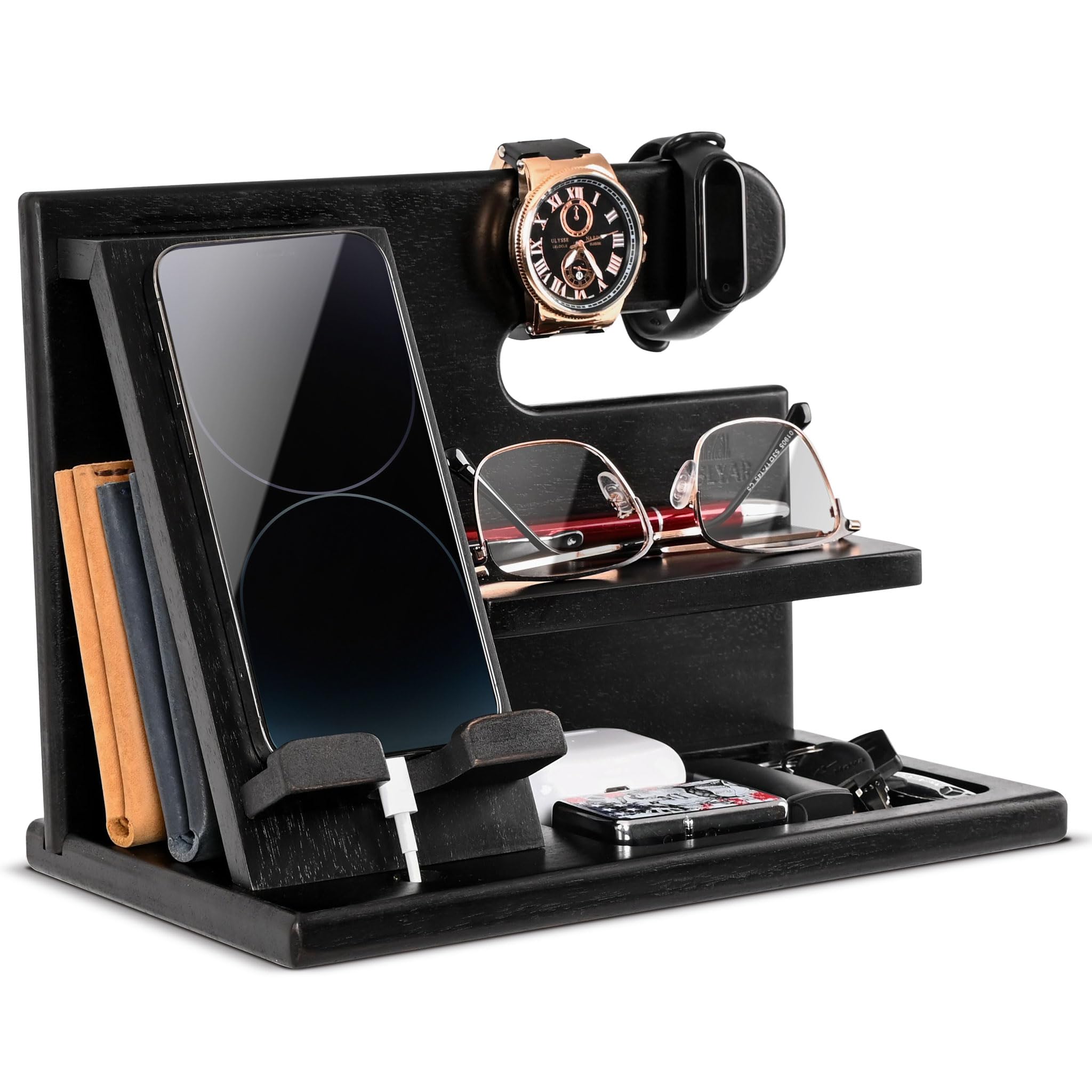 Teslyar Dad Gifts Wood Phone Docking Station – Nightstand Organiser with Key Holder, Wallet & Watch Stand, Wooden Desk Organizer Phone Dock, Birthday Anniversary Husband Men Gifts (Black)