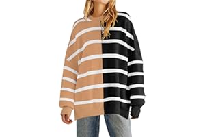ETCYY NEW Sweaters for Women 2023 Fashion Striped Oversized Side Slit Color Block Casual Loose Sweater Tops
