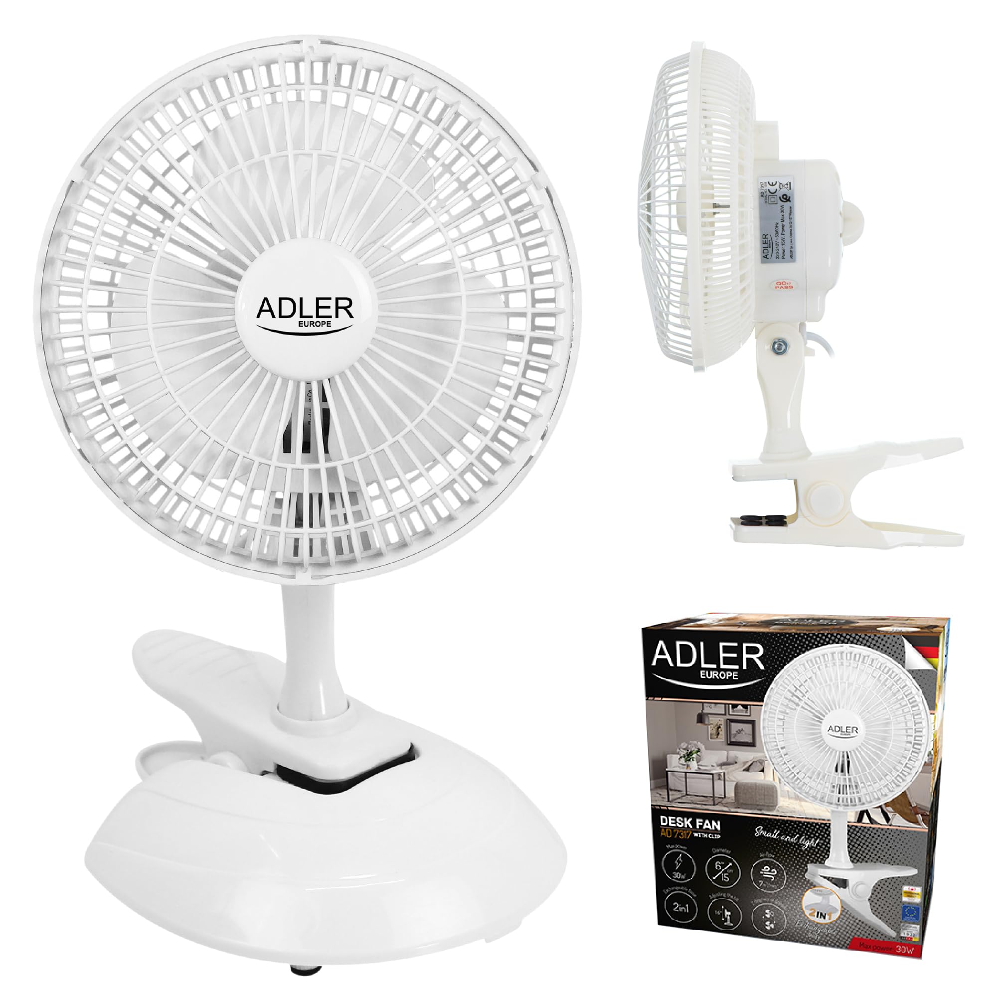 Adler AD 7317 Tischventilator mit Clip, Tragbarer, Klingen Durchmesser 15cm, 2 Geschwindigkeitsstufen, Mini Ventilator, Klein, Weiß, 30W, Einheitsgröße
