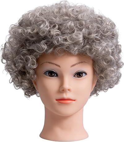 SHATCHI Afro Wig Curly Grey Unisex 60s 70s 80s Fancy Dress Costume