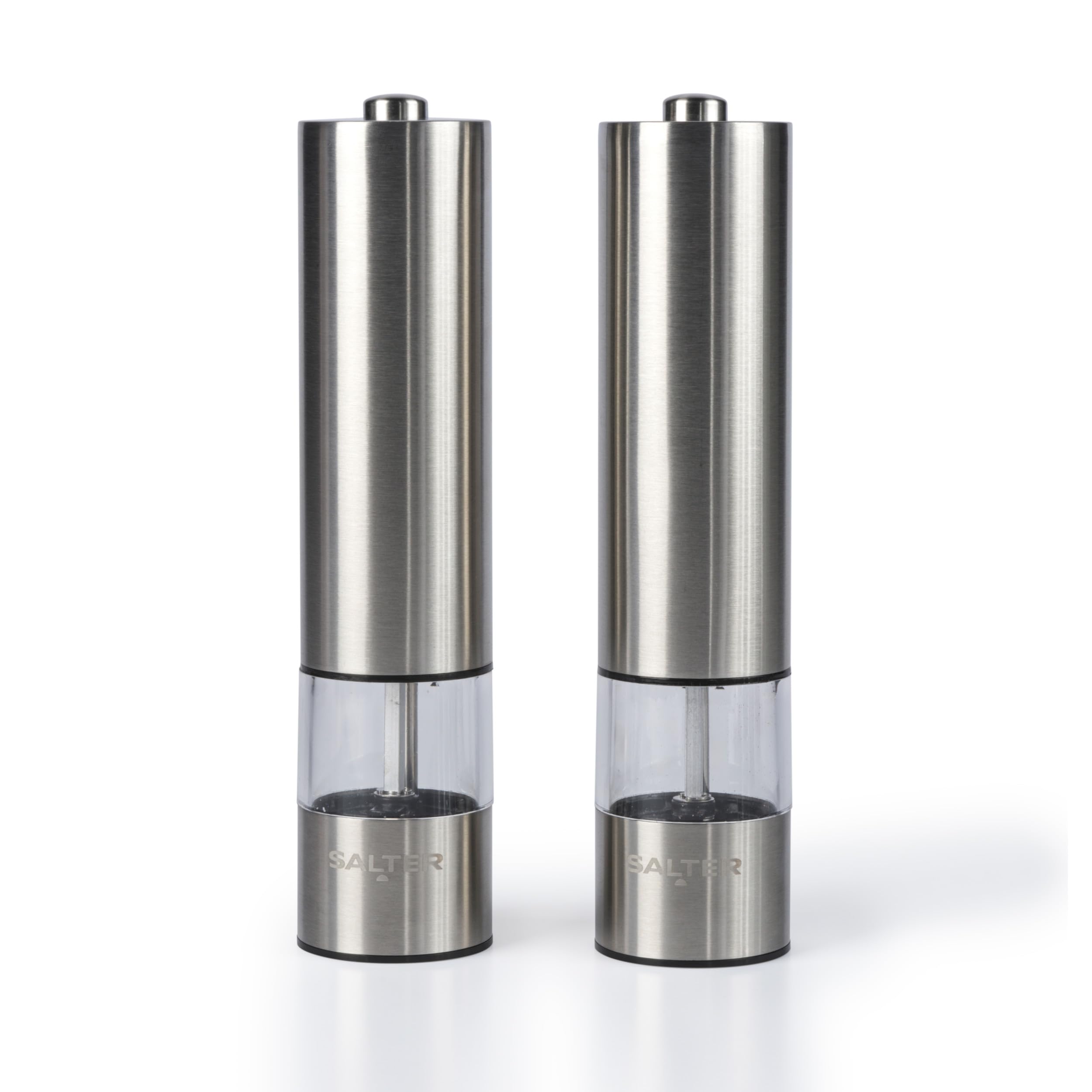 Salter 7522 SSTUR Electric Salt & Pepper Grinder Set – Stainless Steel Mills, Push Button Operation, Battery Powered, Ceramic Mechanism, Adjustable Fine to Coarse Grind, 66g Sea Salt/30g Peppercorns