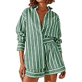 Tankaneo Womens 2 Piece Outfits Striped Long Sleeve Button Down Collared Shirt Matching Shorts Sets