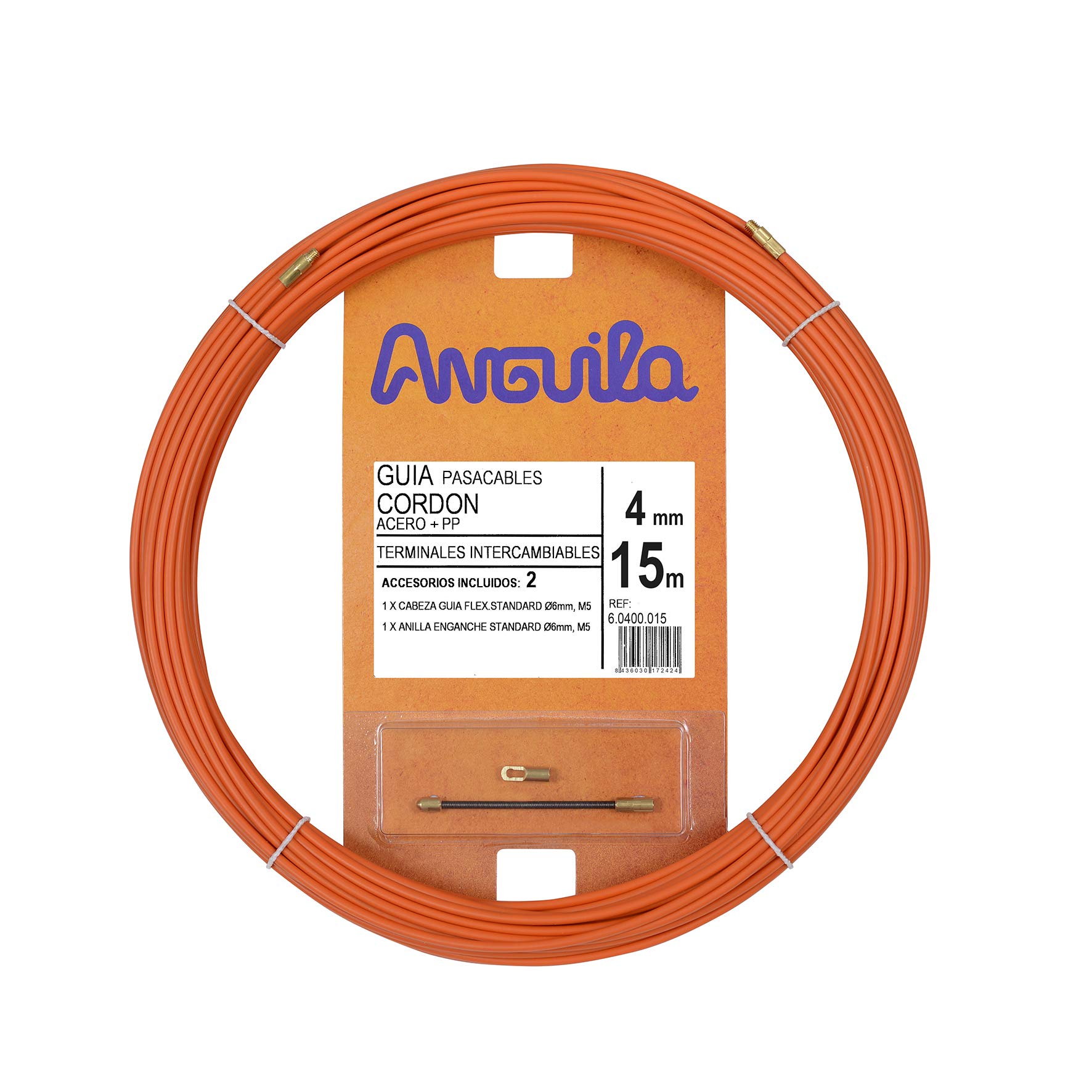 Anguila | Cable Guide | Interchangeable Terminals | Steel Cord + Propylene | Orange | Diameter 4 mm | 15 m