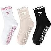 FIYIGO Pilates Yoga Grip Socks for Women, Bow-Patterned Ruffled Crew Socks Ideal for Fitness, Ballet Bar Work&Dance