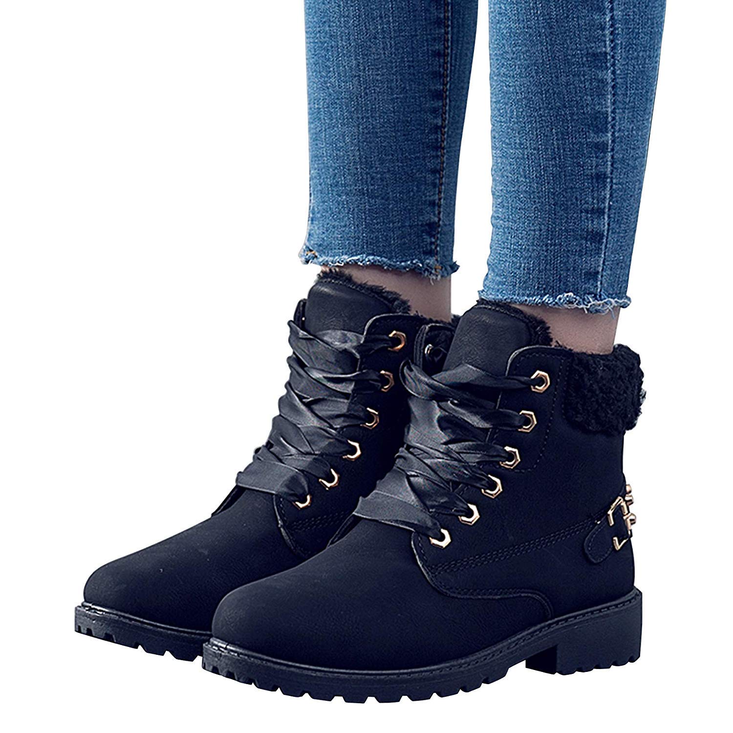 Susanny Women's Warm Snow Boots Ankle Lace up Short Combat Boot Slip on Winter Low Heel Fur Booties - Image 3