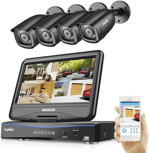 SANNCE 4CH AllinOne 1080P DVR with 10” LCD Monitor Wired Security Camera System