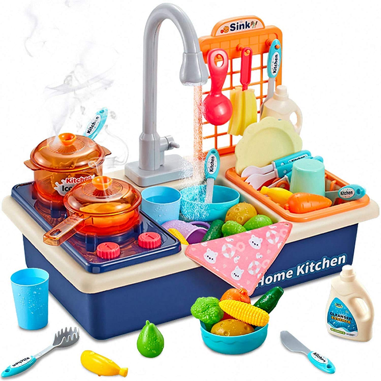 Yangers kids kitchen sink toy set with running water, 28pcs real water tap faucet bowl wash up pretend role play cooking pots and pans food plastic mini accessory for boys girls gift present
