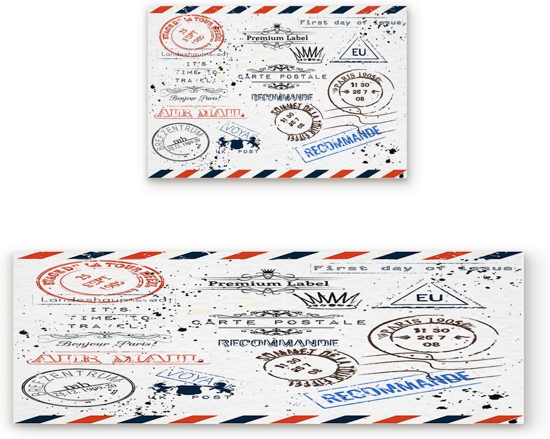 Aomike 2 Piece Non-Slip Kitchen Mat Rubber Backing Doormat Vintage Travel Stamp Runner Rug Set Hallway Living Room Balcony Bathroom Carpet Sets (15.7" x 23.6"+15.7" x 47.2")