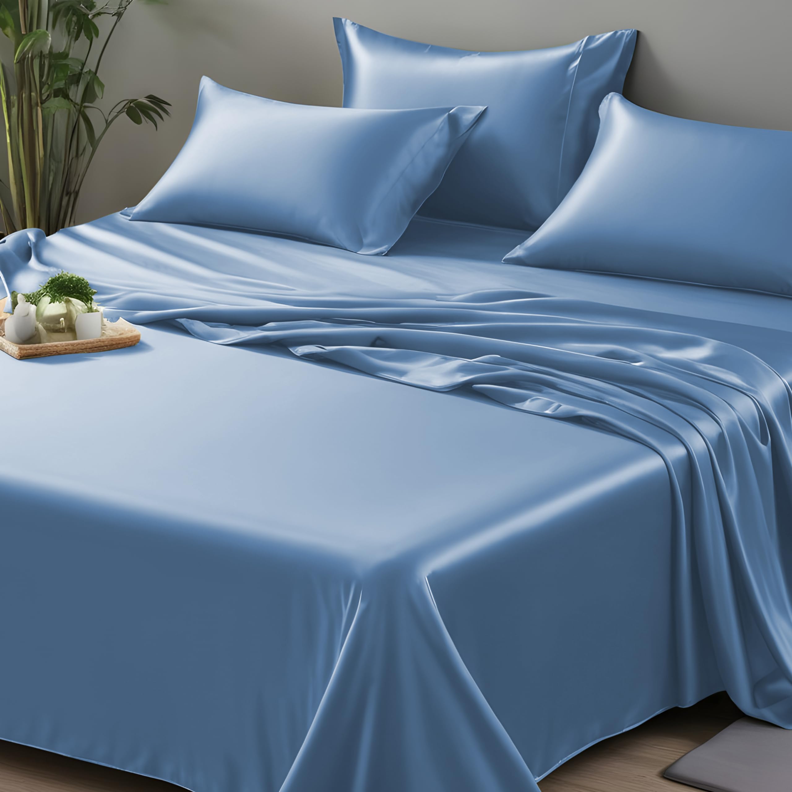 LINENWALAS Single Flat Sheet Only, 100% Organic Bamboo Silk Top Sheet, Flat Sheet for Single Size Bed, Soft, Breathable, Cooling, Bedding Flat Bed Sheet (Bahamas Blue, Single)