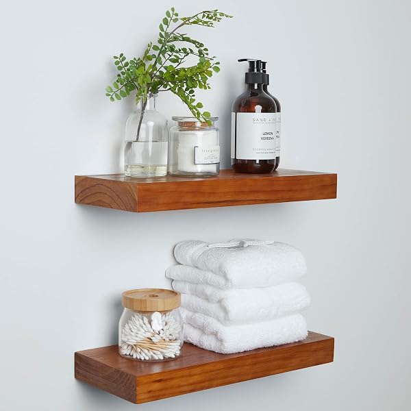HOMEFORIA RUSTIC FARMHOUSE FLOATING SHELVES – BATHROOM WOODEN SHELVES FOR WALL MOUNTED – THICK INDUSTRIAL KITCHEN WOOD SHELF – 16 X 6.5 X 1.75 INCH – SET OF 2 – HONEY OAK COLOR