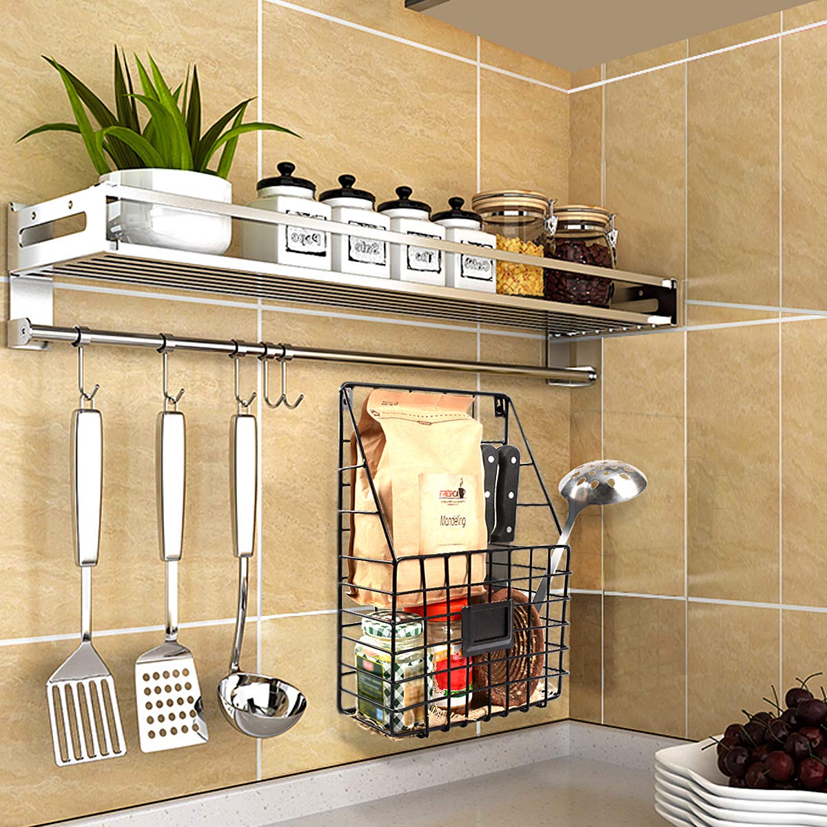 Pulatree Wall File Holder, Multi Purpose Wall Mount Hanging Folder Mail Organizer with Rail Metal Wire Baskets Hooks Rustic Industrial Style Black