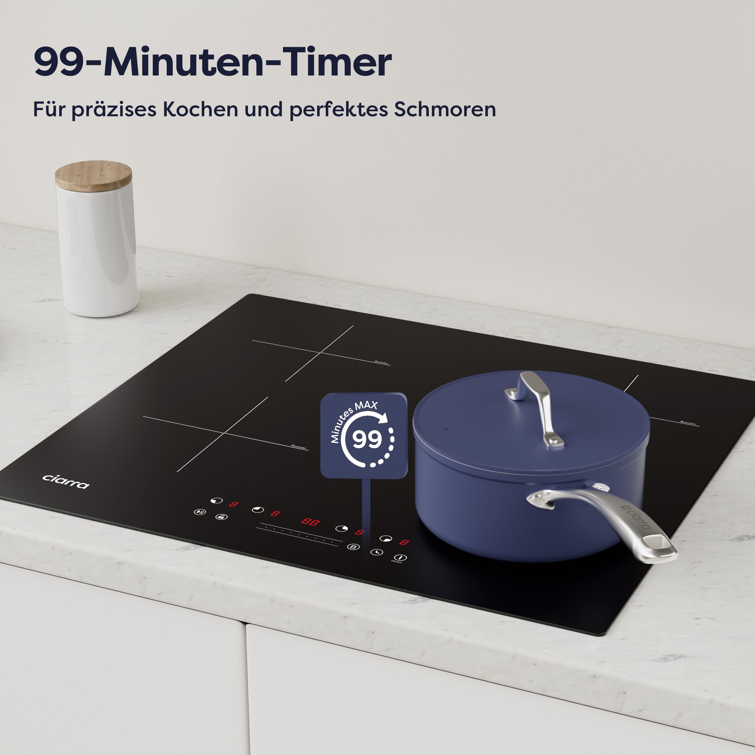 CIARRA CBBIH4B 4 Zonen Einbau Induktionskochfeld 60 cm mit Power Booster Touch-Bedienung Kochfeld Induktion 9 Leistungsstufen Timer Kindersicherung Restwärmeanzeige Pause- und reStart-Funktion 7200W 6