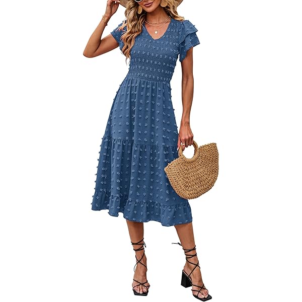 IMixCity Vestido Bohemio De Lunares Para Mujer Vestido De Tobillo Con Dobladillo De Volante Fluido Y Cintura Elástica Con Cuello En V (Amarillo, L