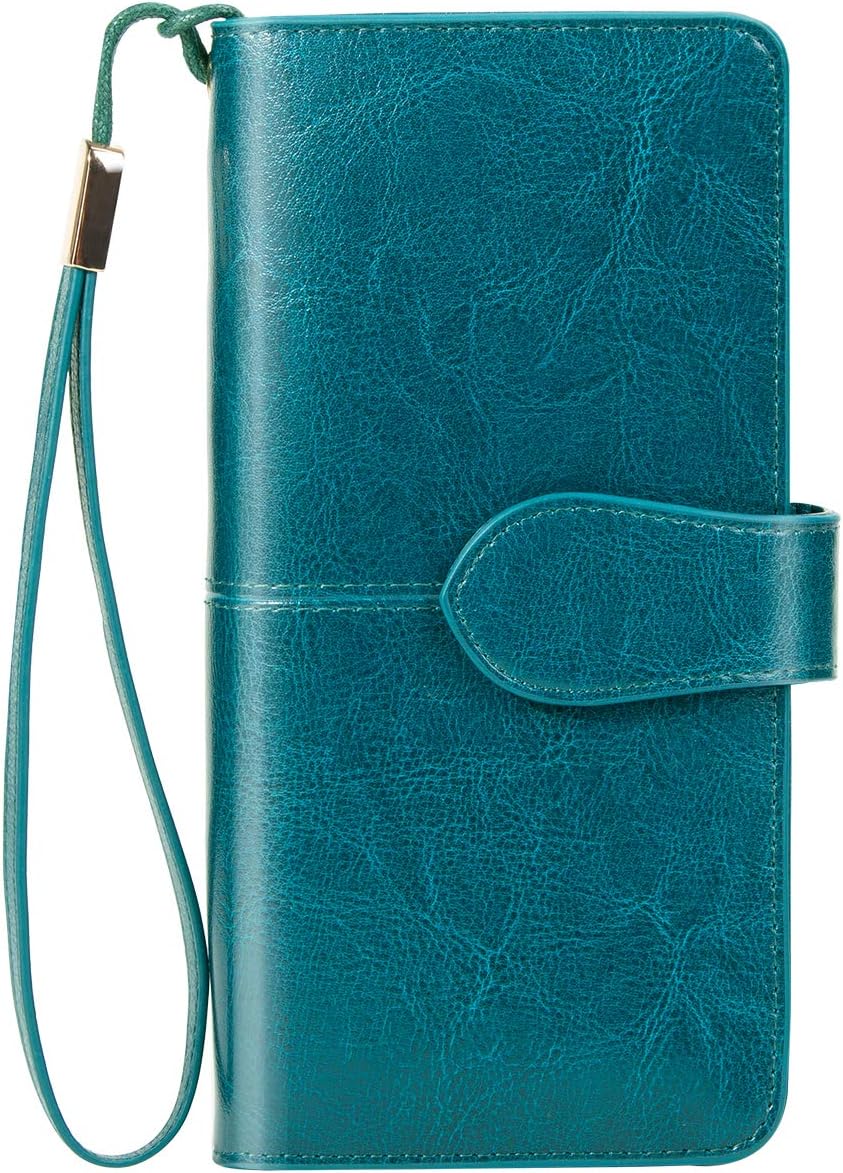 Ladies Leather Purse Large Capacity Women’s RFID Blocking Wallet with 26 Credit Card Slots, Women Clutch Long Purse with Zipper Pocket and Wrist Straps (blue1)