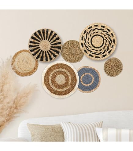 Juego Decoración De Pared Bohemia 7 Piezas - Tejido De Césped Natural, Formas Circulares Y Florales, Para Salón, Dormitorio O Exterior