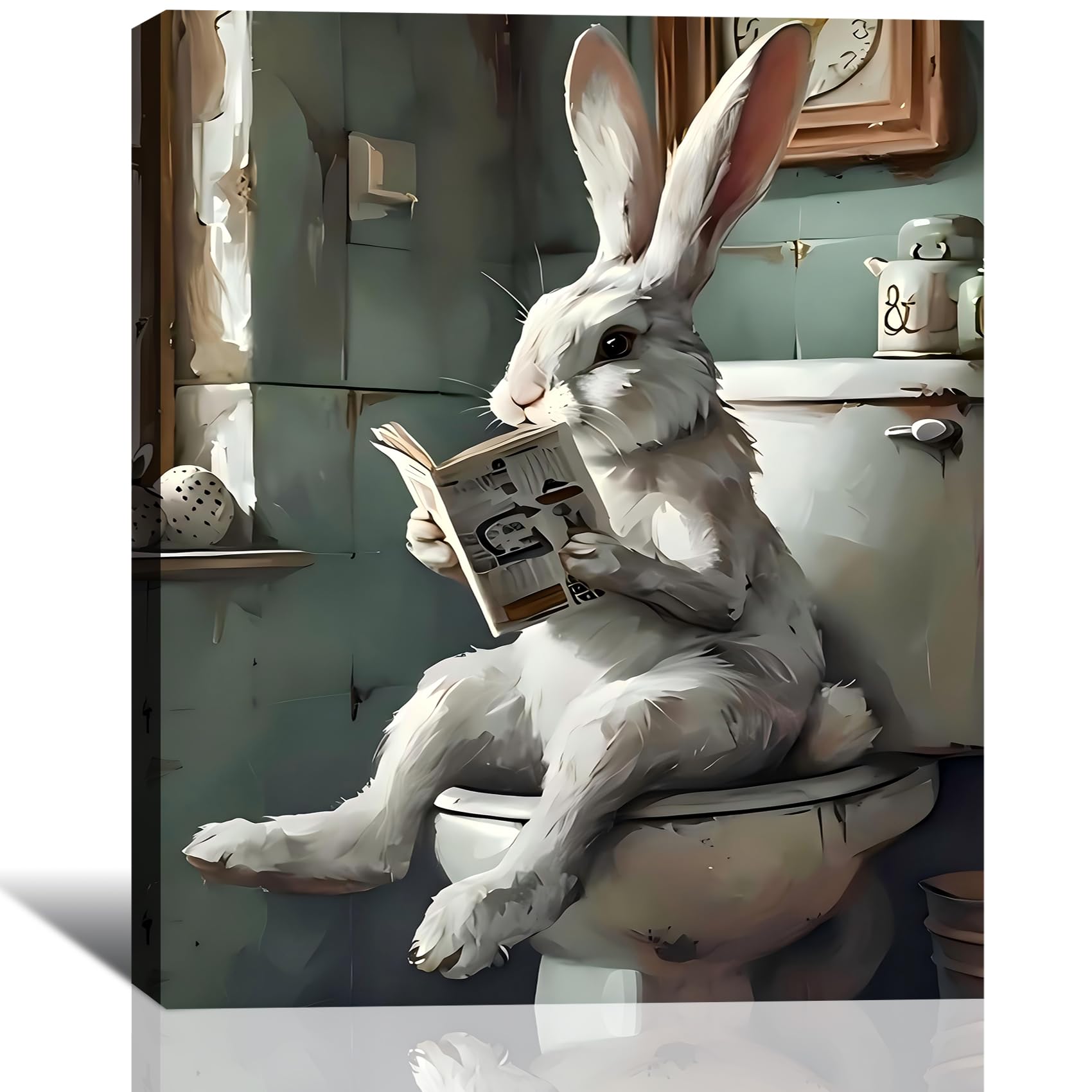 Large Whimsical Easter Bunny Reading on Toilet Canvas Art, Framed Rabbit Wall Decor for Bathroom, Retro Easter Paintings Prints Pictures for Home Wall Decoration, 20x30 In