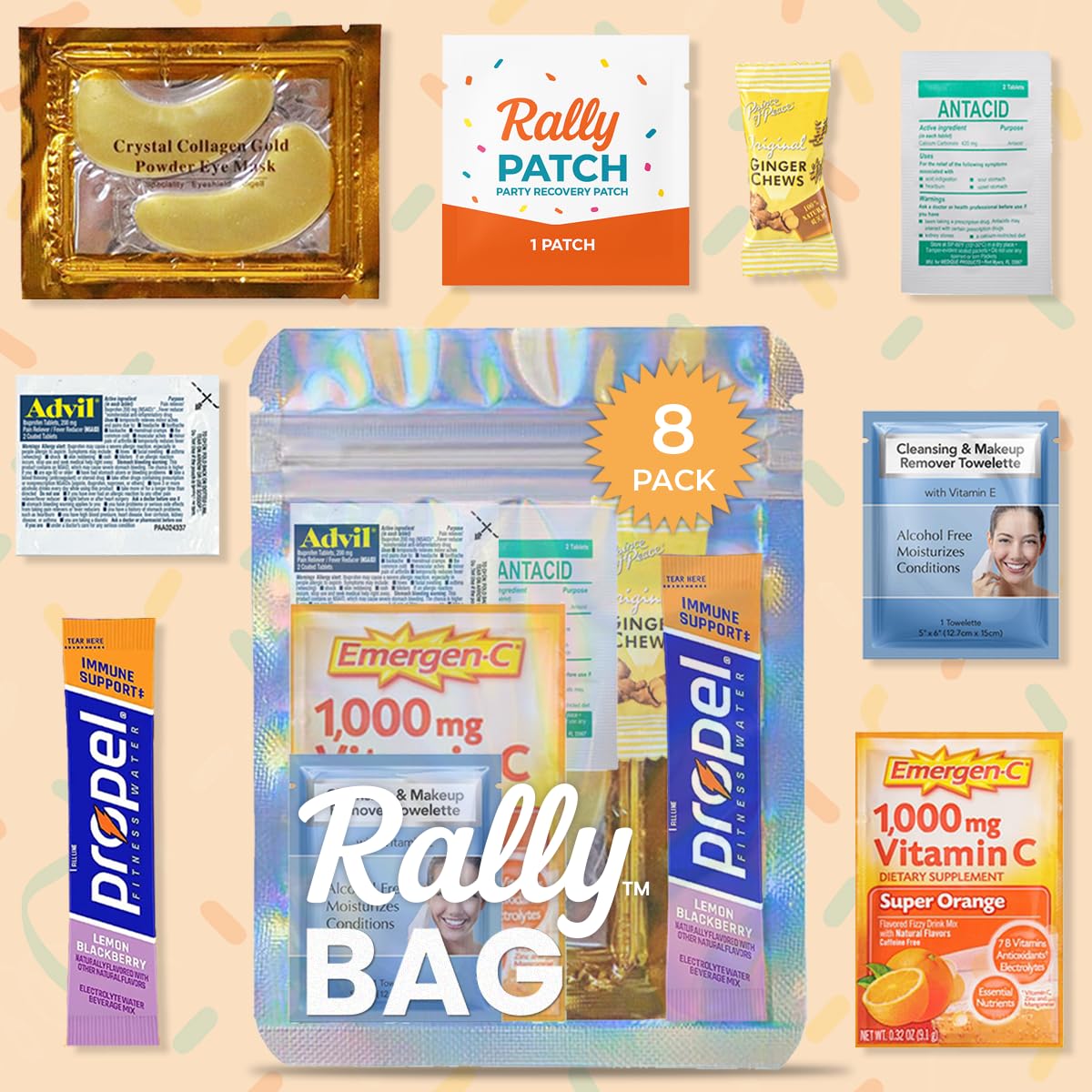 Photo 1 of Real Vitamins 8 Pre-Filled Hangover Kits for Bachelorette Party Favors, 21st Birthday, Girls Trips Gift Favors & Weddings | Rally Bag 56 Pcs Bulk Hangover Kit Supplies & Now Bigger Bags (8 Kits)