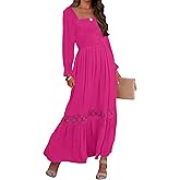 ZESICA Women's 2026 Boho Long Sleeve Square Neck Smocked High Waist Flowy A Line Lace Trim Maxi Dress