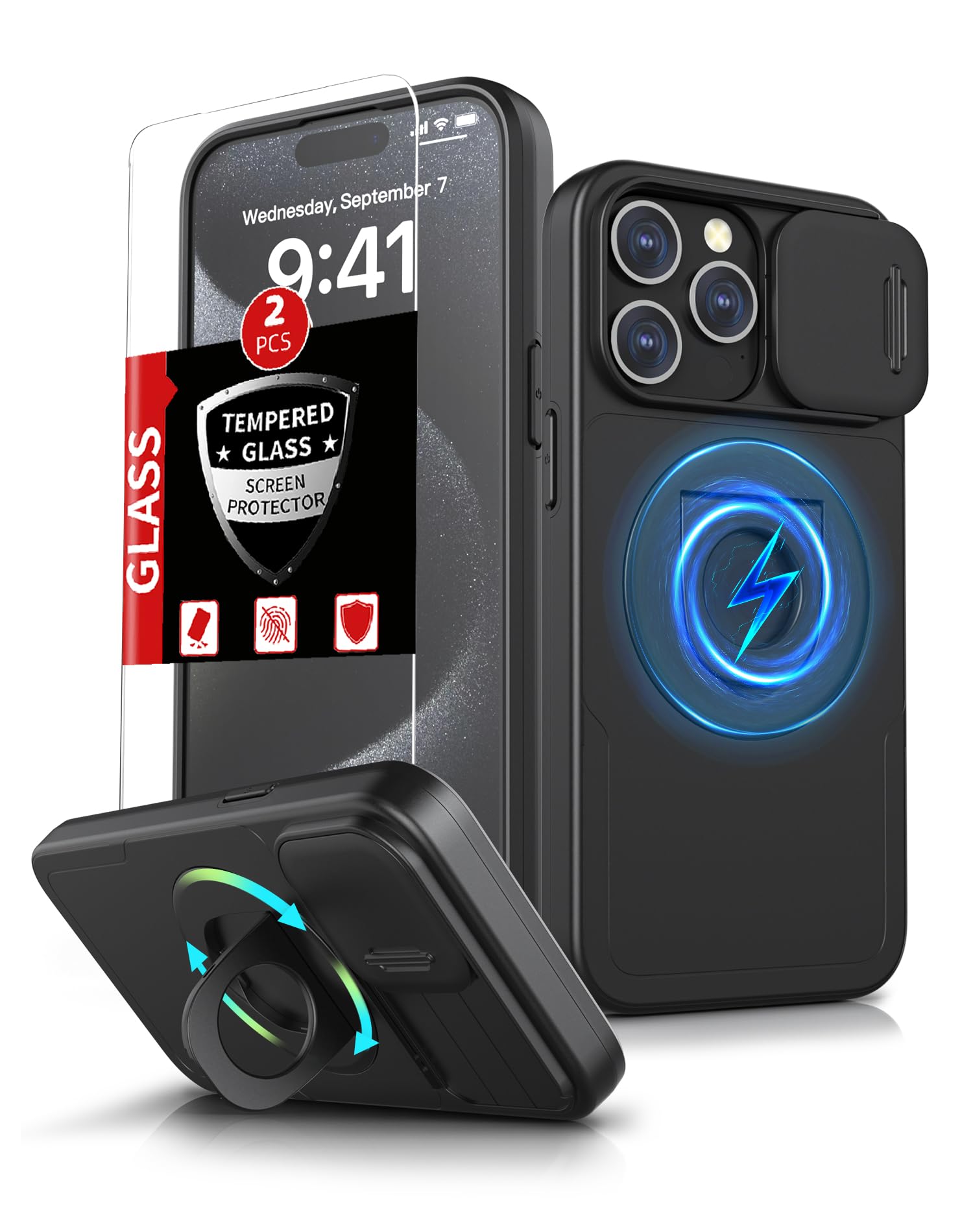 FRLMOOES for iPhone 15 Pro Case Magnetic Compatible with MagSafe Wireless Charging,with 2 Screen Protectors,Built-in 360°Kickstand Ring+Camera Cover Anti-Scratch Shockproof Heavy Duty Protection Black