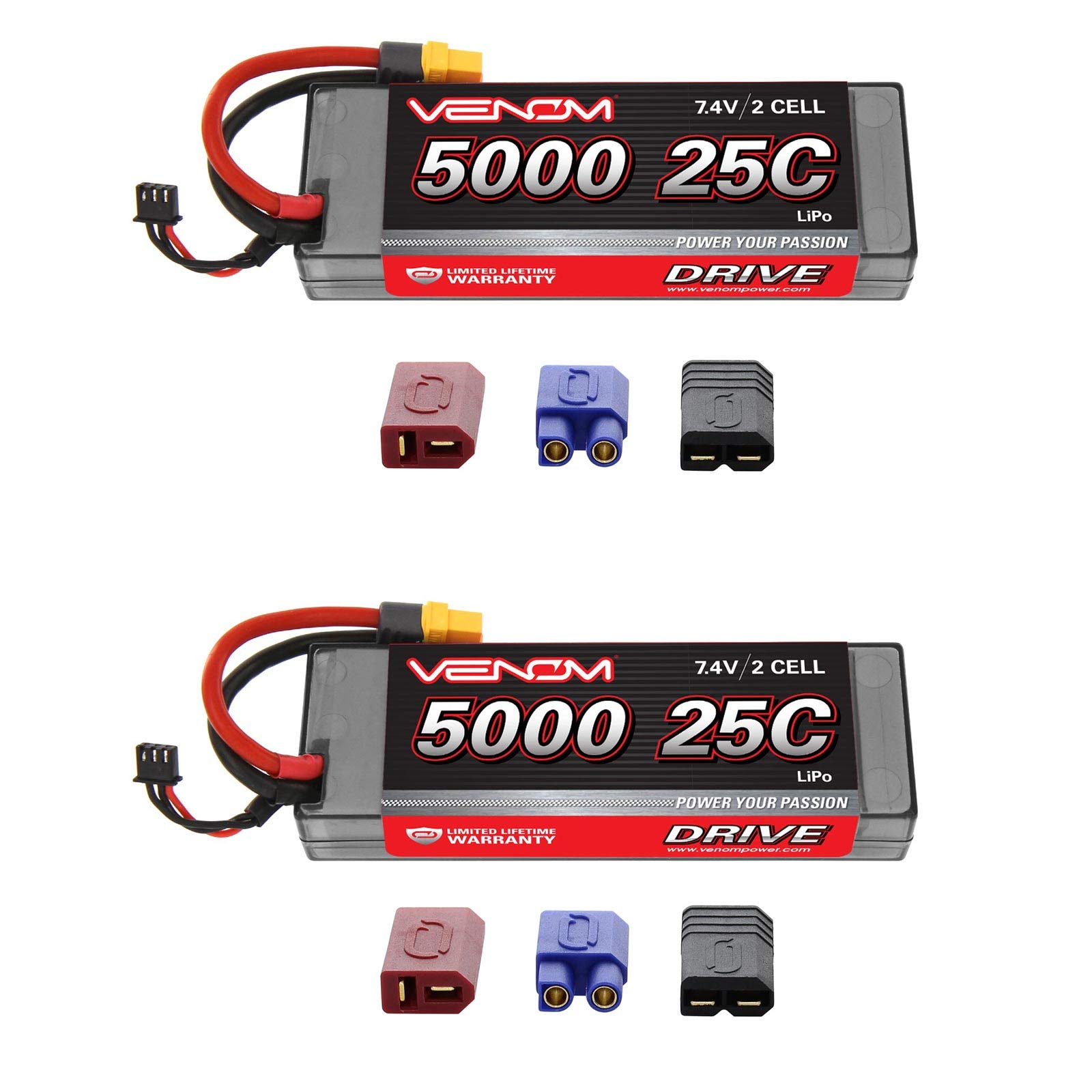 Venom 25C 2S 5000mAh 7.4V Hard Case LiPo Battery with Universal Plug (EC3/Deans//Tamiya) x2 Packs