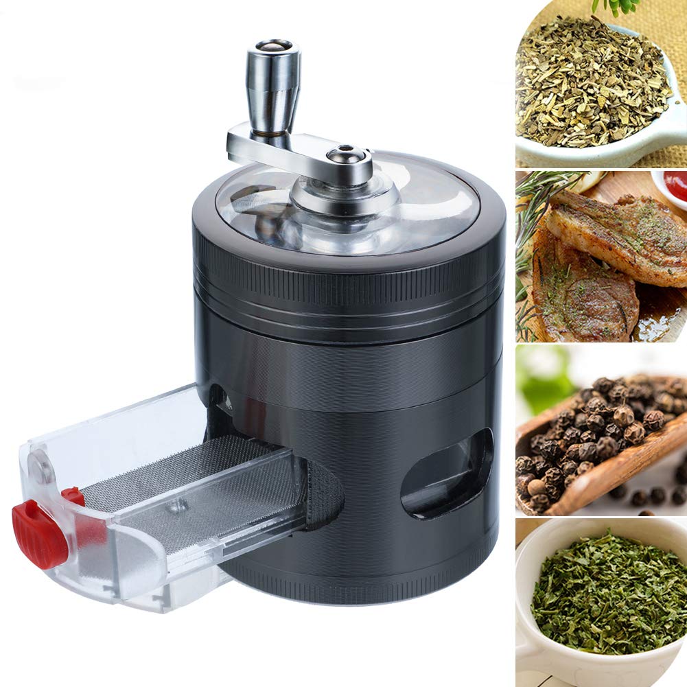 Hand Spice Grinder Metal Herb Grinder with Pollen Catcher Manual Spice Grinder with Drawer, Black