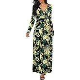 LILBETTER Women Long Sleeve Deep V Neck Loose Plain Long Maxi Casual Dress