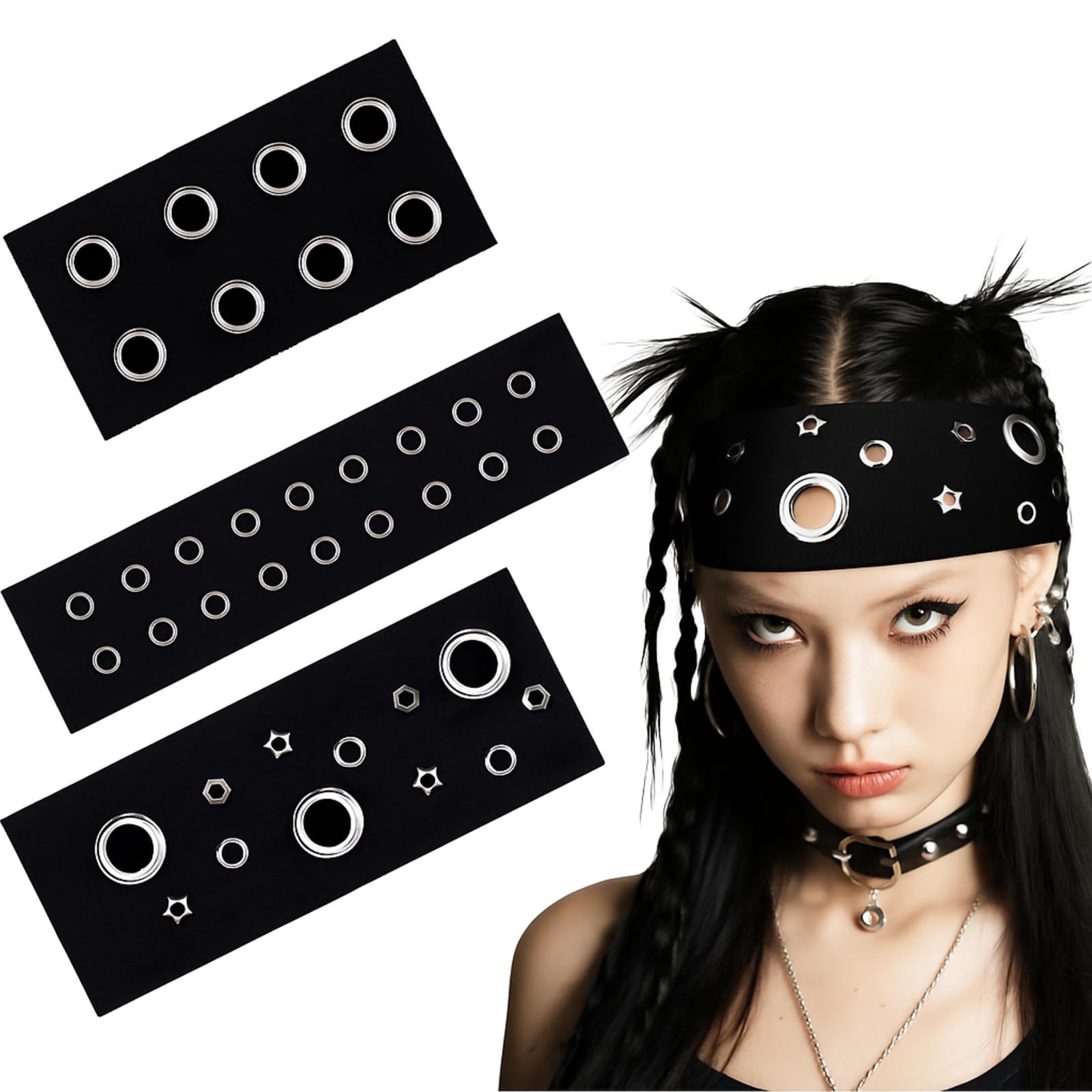 Photo 1 of Maysing 3 Pcs Women Grommet Headband Y2k Punk Grunge Wide Hairbands Hollow out Eyelets Elastic Headband Casual Hair Accessory Fashionable Metal Hairbands Stretchy(Black,Classic)