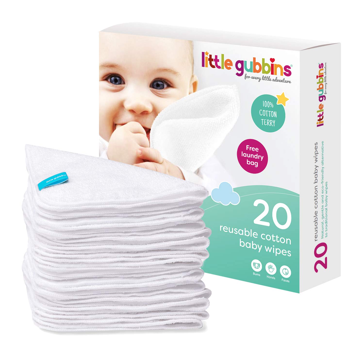 Little Gubbins 20 Cotton Terry Baby Wipes | Pack of 20cm x 20cm Reusable, Soft White Towelling Cloths | Ideal for Mucky Bums, Hands and Faces | 100% natural & Plastic Free