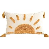 Zealax Lumbar Decorative Boho Throw Pillow Cover 12x20 Inch for Couch Living Room Outdoor, Sun Tufted Pillow Covers with Tassels Cushion Case, Rustic Farmhouse Home Decor (No Pillow Insert, 1Pc)