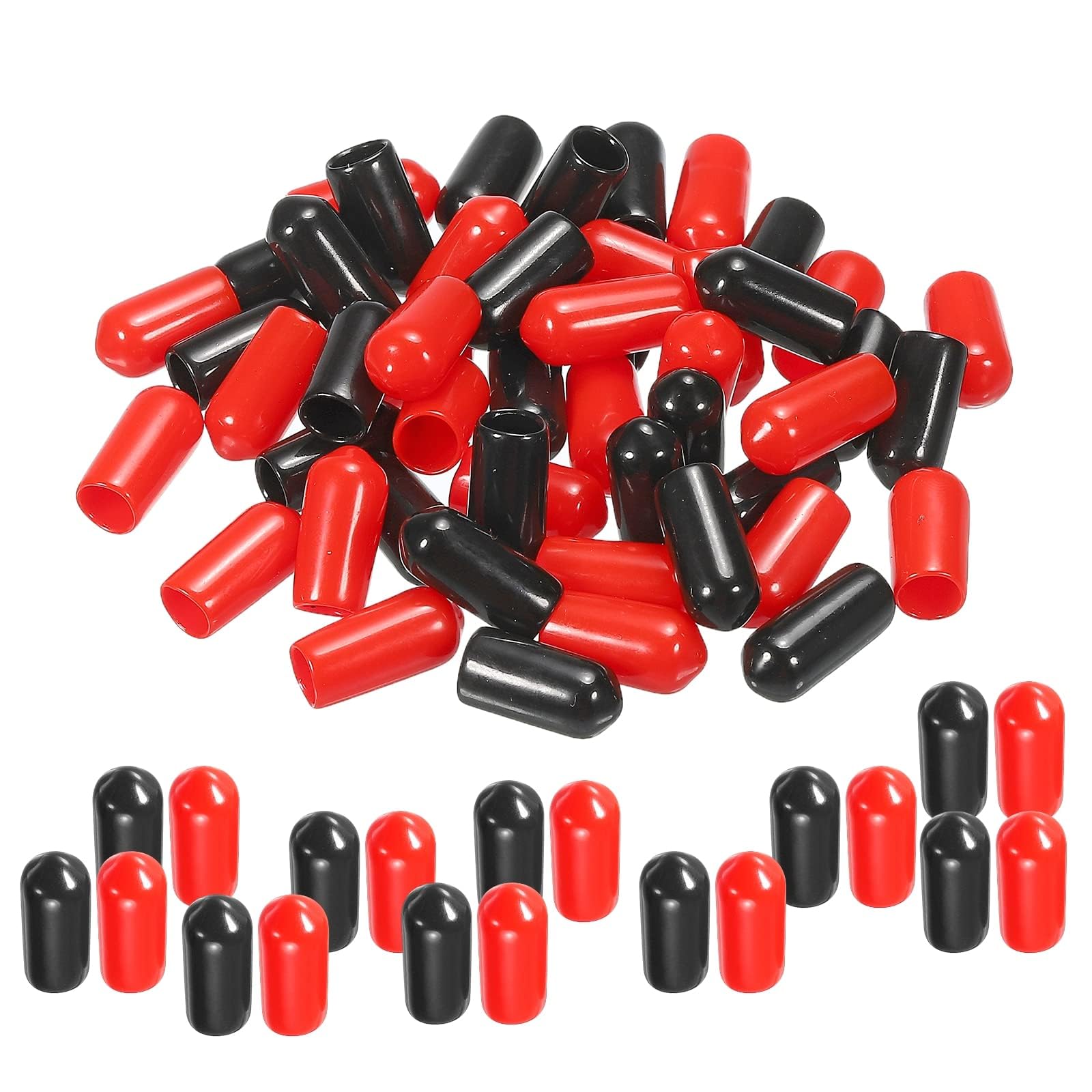 TA-VIGOR 50Pcs Rubber End Caps, 4mm ID Round Flexible Screw End Caps Thread Protectors, Vinyl Bolt Covers Rubber Covers for Screws, Tubes, Cables, Wires, etc, Black Red