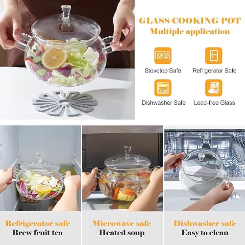 Glass Pots For Cooking On Stove, High Borosilicate Glass Simmer Pot Handles Lids Clear Boiling Pot Pasta Soup Baby Food Milk