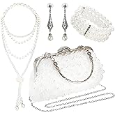 Acshio 4 Pcs 1920s Pearl Jewelry Set, Include Beaded Pearl Clutch Bag with Chain, Dangle Faux Pearl Drop Earrings, Multi Strands Bracelet and Long Necklace, Flapper Costume Accessory for Party, Prom