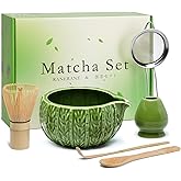 RANERANE Matcha Whisk Set, Cactus Light Green Ceramic Matcha Set Includes Matcha Bowl, Matcha Whisk (Chasen) and Holder, Sifter, Bamboo Scoop & Spoon - 6 Pcs Matcha Kit for Matcha Lovers