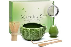 RANERANE Matcha Whisk Set,Matcha Bowl with Spout,Matcha Whisk(Chasen) and Holder,Matcha Sifter and Bamboo Matcha Spoon,Scoop Matcha Making Kit 6Pcs Light Green