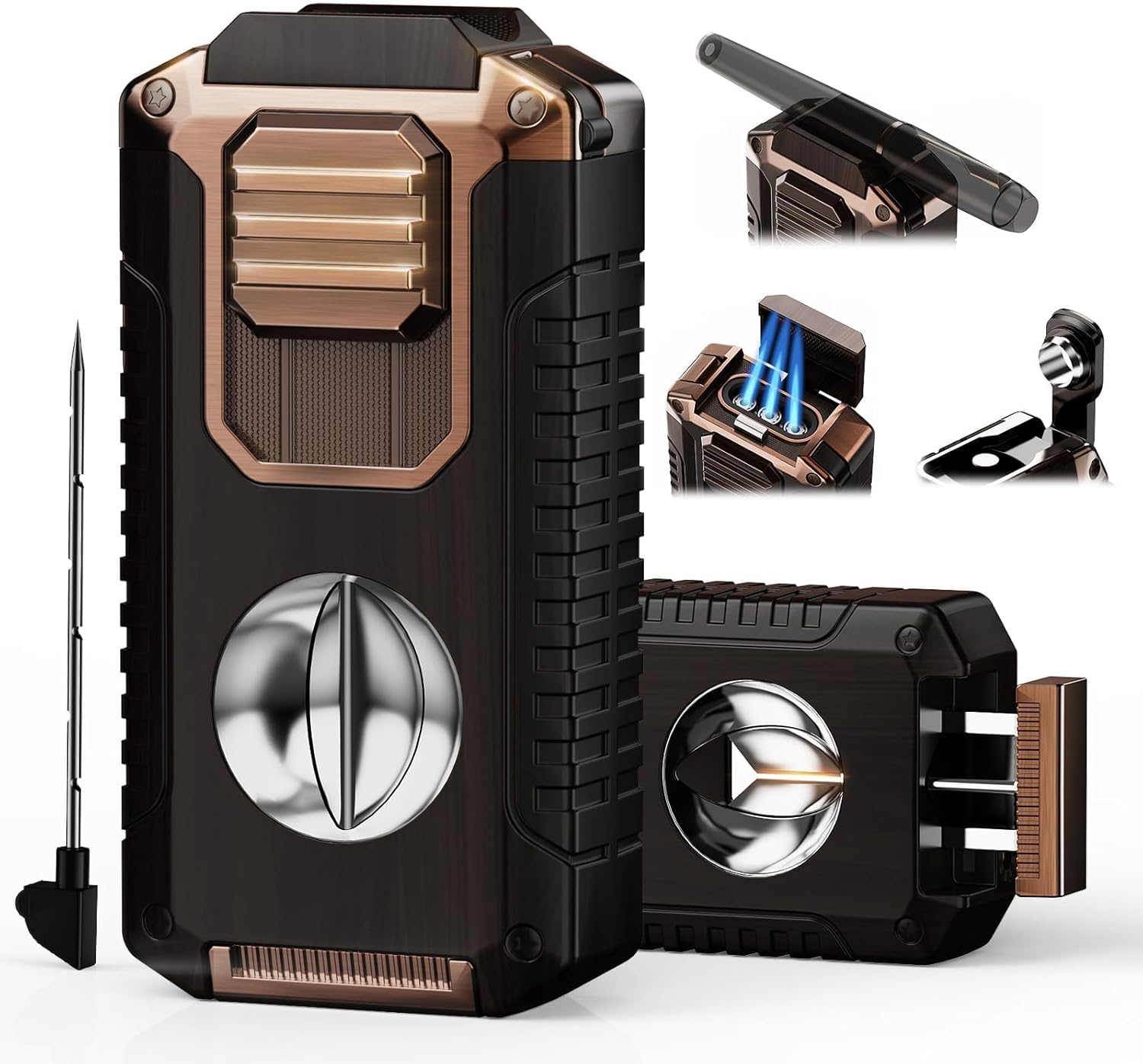 Photo 1 of 5-in-1 Torch Lighter with Triple Flame Punch, Holder and Draw Enhancer Tool, Butane Lighter with Triple Windproof Jet Flame, Refillable Lighters with Accessories Cool Lighter for Candle, Travel