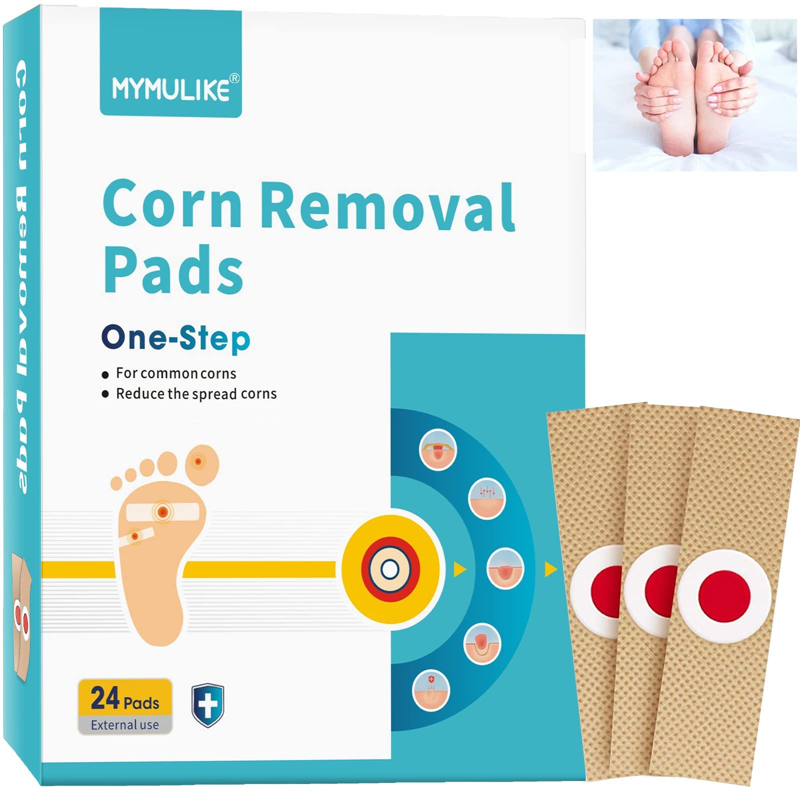 Corn Plasters, 24 Count MYMULIKE Corn Removal Pads Relief Corn Pain, Corn Cushions for Feet, Hand, Toe for Feet Care and Wart Remover Corn Pads Foot Care