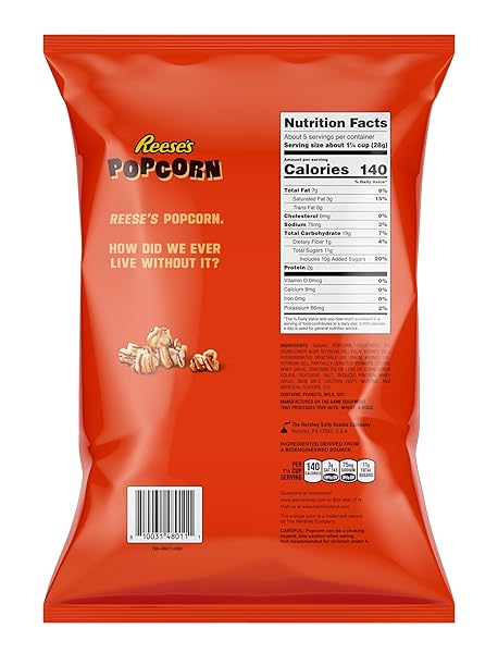 REESE’S POPCORN, 5.25OZ GROCERY SIZED BAG, POPCORN DRIZZLED IN REESE’S PEANUT BUTTER AND CHOCOLATE, READY TO EAT, SAVORY SNACK, SWEET AND SALTY