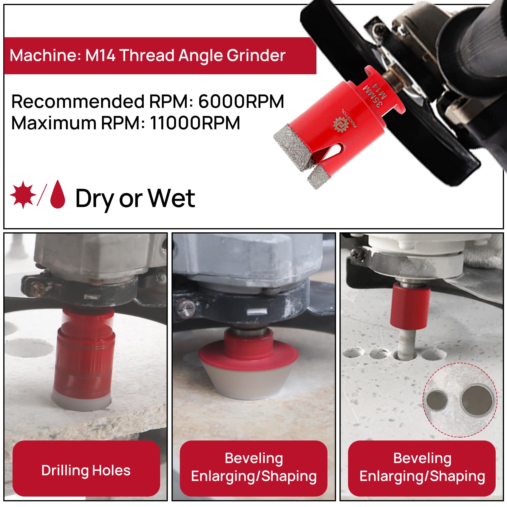 FOCSTOL Diamant Fliesenbohrer Set - 10 Stück (6/6/8/25/35/50/68mm+10mm Fingerfräser+50mm Fasenbohrer+Adapter) Diamant Lochsäge Set M14 Gewinde für Porzellan Keramik Fliesen Marmor Granit 5