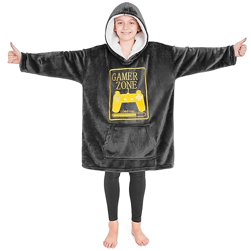 CityComfort Hoodie Blanket for Kids & Teenagers Fleece Wearable Blanket Warm Gamer Football Oversized Hoodie with Sherpa Hood Loungewear Gaming Gifts (Charcoal Gaming)