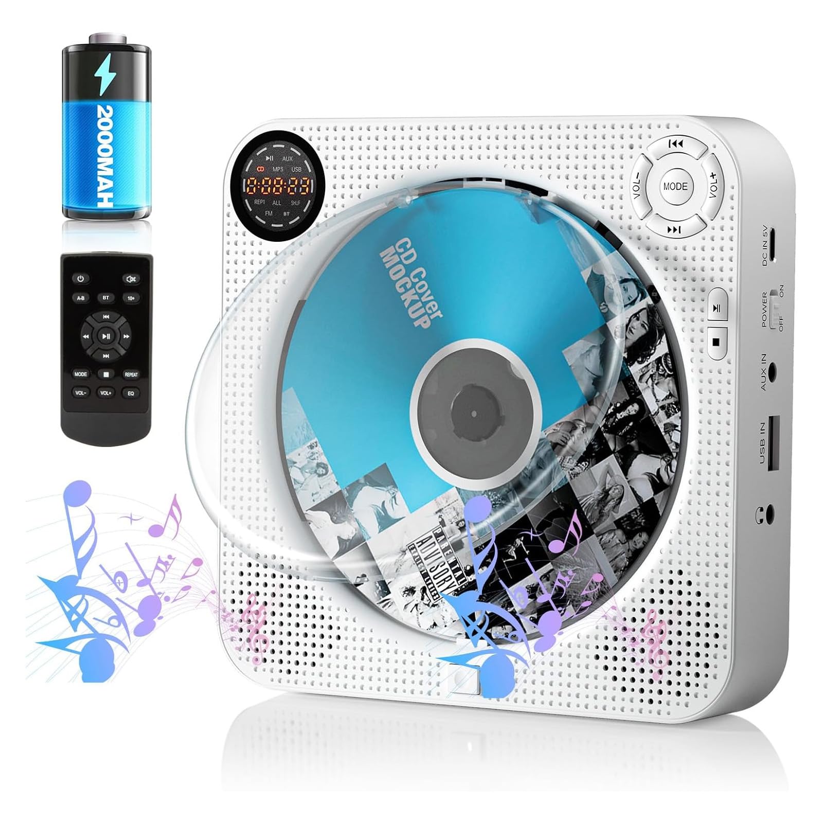 ポータブルCDプレーヤー壁掛け&卓上置き式 Bluetooth/CD/FM/USB/AUX五モード対応FELEMAN FMラジオ +10スキップ機能 5EQエフェクトA-Bリピート2000mAh充電式電池 LCDディスプレイ防塵カバー付きリモコン付き音楽再生/語学学習/胎児教育 白商品画像