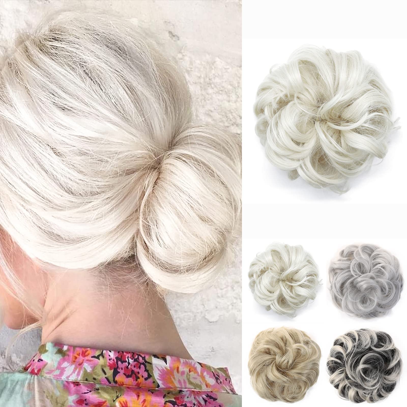 JJstar Messy Hair Bun Curly Wavy Hair Scrunchies Accessories Pieces for Women Girls Synthetic Chignons (Platinum Blonde)