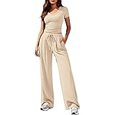 PRETTYGARDEN 2 Piece Sets for Women Summer 2026 Spring Lounge Set Matching V Neck Tops Wide Leg Pants Airport Travel Outfits