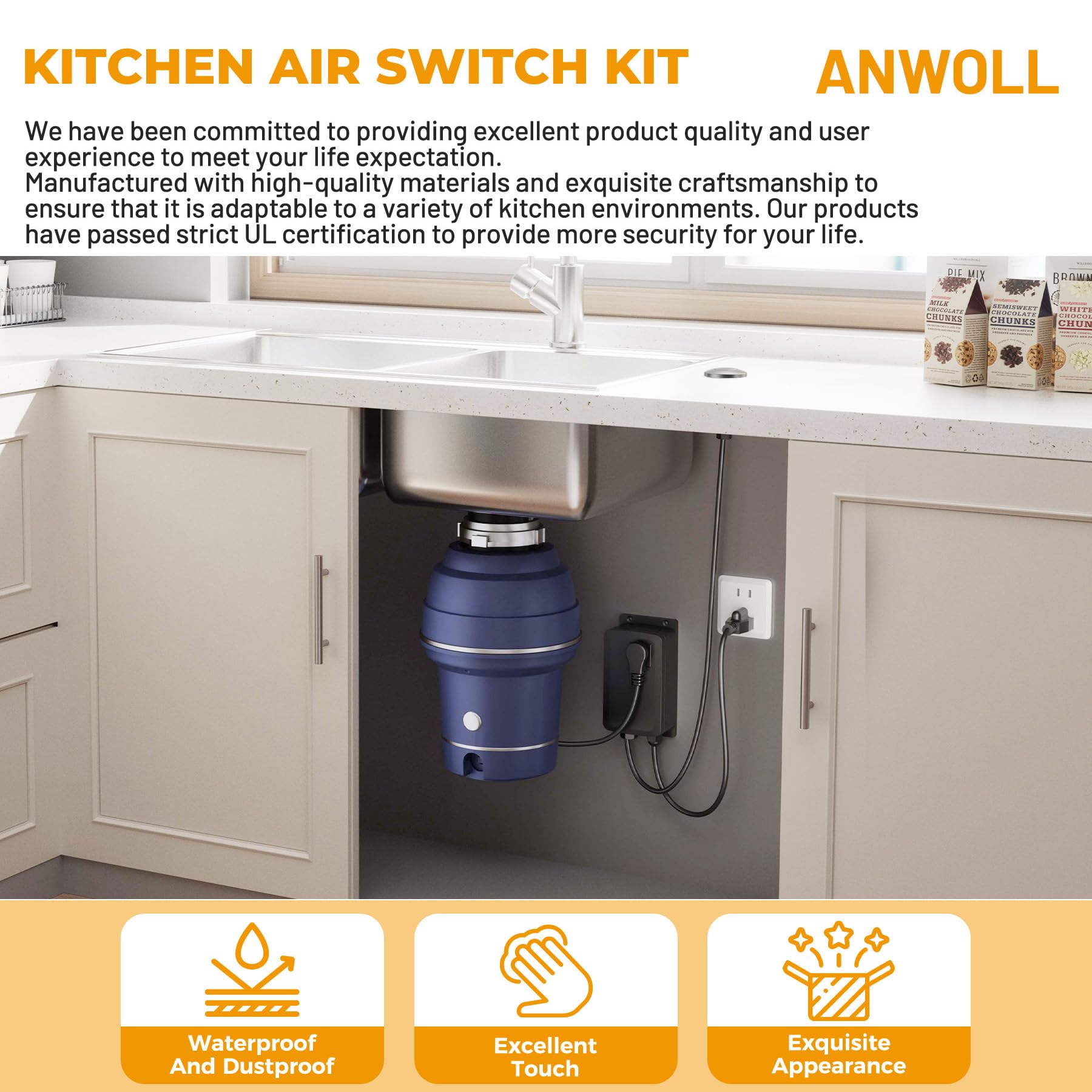 Garbage Disposal Air Switch Kit -Professional, Sink Top Waste Disposer On/Off, Air Button Food Disposals Part, UL Listed