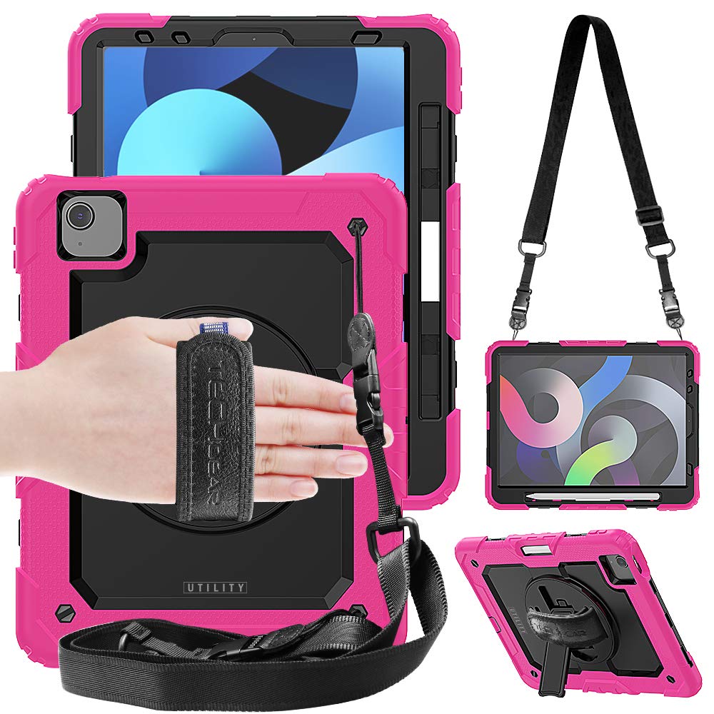 TECHGEAR UTILITY Case for iPad Air 10.9" 5th & 4th Generation 2022/2020, Tough Rugged HEAVY DUTY Armour Shockproof Case with 360 Rotating Stand, Hand Strap and Shoulder Strap - Pink