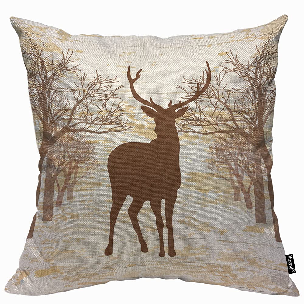 Mugod Brown Deer Cushion Cover Throw Pillow Covers Vintage Animal Moose Elk Antler Horn Tree Nature Wildlife Pillow Case for Men Women Decorative Home Sofa Chair Couch 45x45cm/18x18 Inch